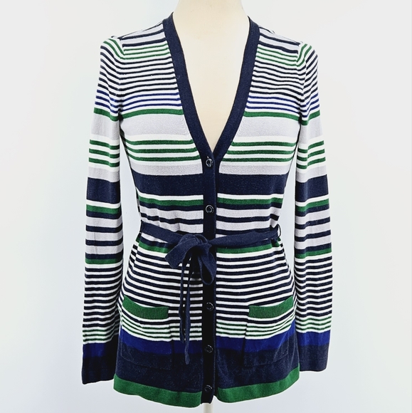 Banana Republic Striped Belted Cardigan Sweater in Navy and Green Size Small - Picture 1 of 11